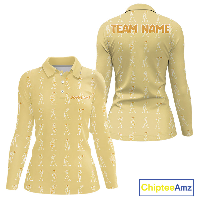 Personalized Stick Figure Golf Yellow Women Polo Shirt, Custom Golf Girl Polo Shirt, Golf Tops NHT1549