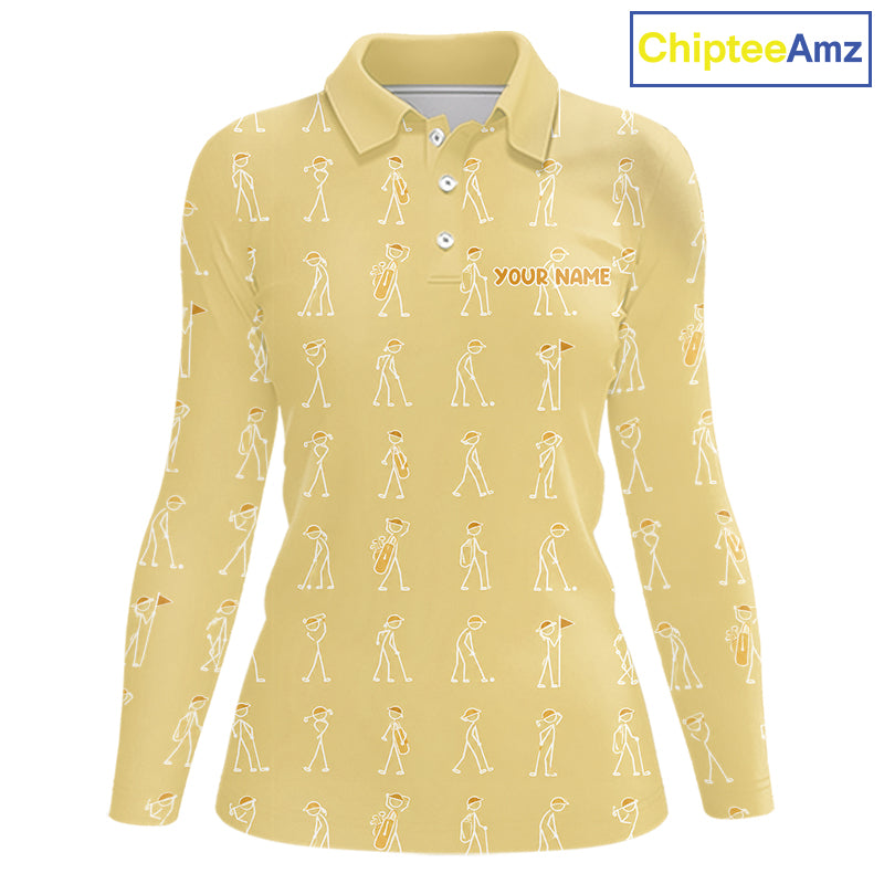 Personalized Stick Figure Golf Yellow Women Polo Shirt, Custom Golf Girl Polo Shirt, Golf Tops NHT1549