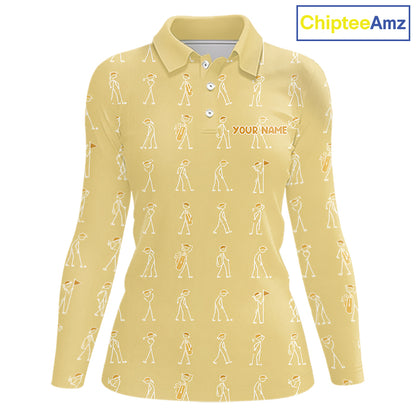 Personalized Stick Figure Golf Yellow Women Polo Shirt, Custom Golf Girl Polo Shirt, Golf Tops NHT1549