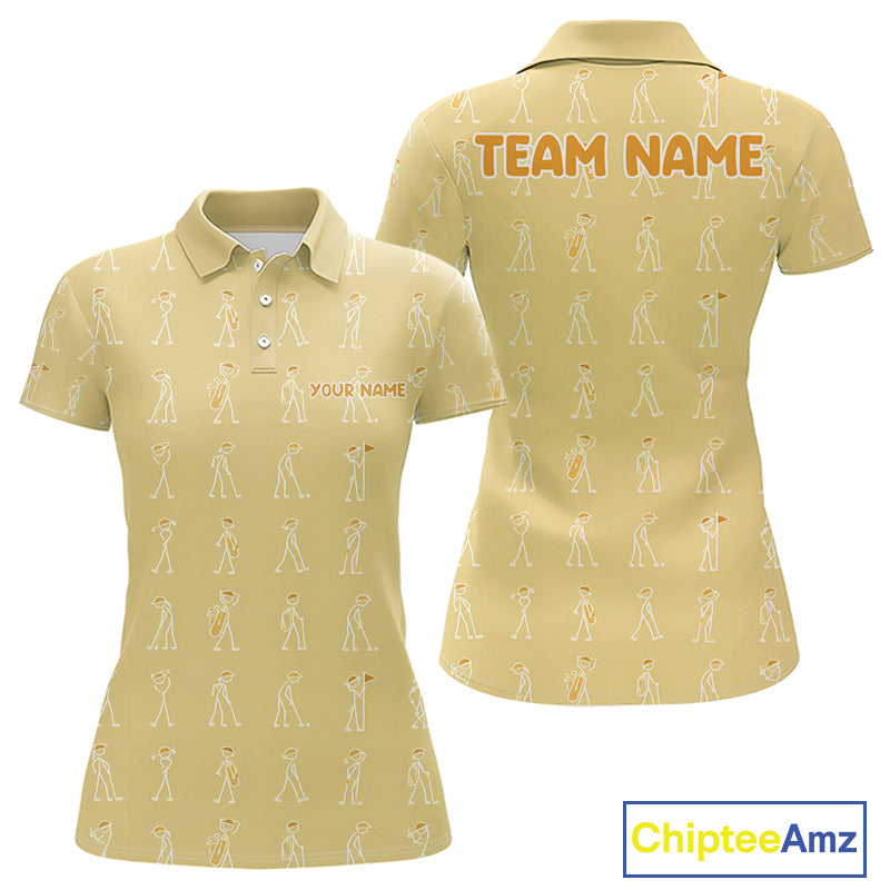 Personalized Stick Figure Golf Yellow Women Polo Shirt, Custom Golf Girl Polo Shirt, Golf Tops NHT1549