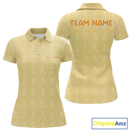 Personalized Stick Figure Golf Yellow Women Polo Shirt, Custom Golf Girl Polo Shirt, Golf Tops NHT1549