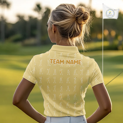 Personalized Stick Figure Golf Yellow Women Polo Shirt, Custom Golf Girl Polo Shirt, Golf Tops NHT1549
