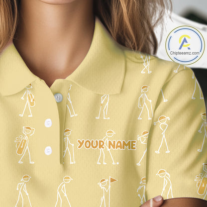 Personalized Stick Figure Golf Yellow Women Polo Shirt, Custom Golf Girl Polo Shirt, Golf Tops NHT1549