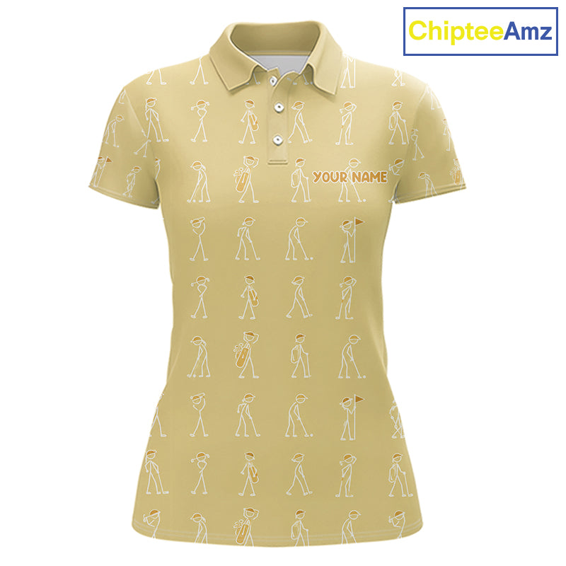 Personalized Stick Figure Golf Yellow Women Polo Shirt, Custom Golf Girl Polo Shirt, Golf Tops NHT1549