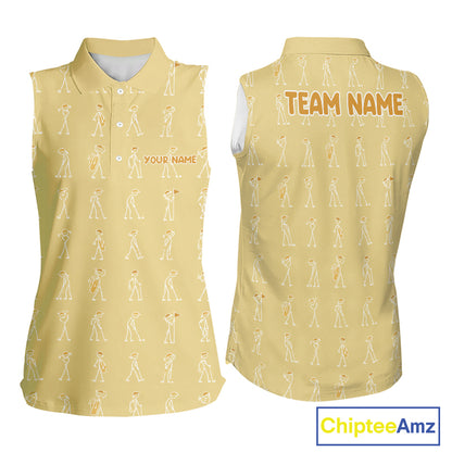 Personalized Stick Figure Golf Yellow Women Polo Shirt, Custom Golf Girl Polo Shirt, Golf Tops NHT1549
