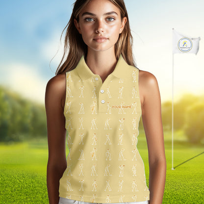 Personalized Stick Figure Golf Yellow Women Polo Shirt, Custom Golf Girl Polo Shirt, Golf Tops NHT1549