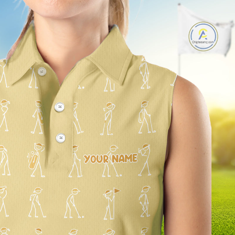 Personalized Stick Figure Golf Yellow Women Polo Shirt, Custom Golf Girl Polo Shirt, Golf Tops NHT1549