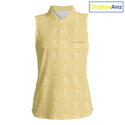 Personalized Stick Figure Golf Yellow Women Polo Shirt, Custom Golf Girl Polo Shirt, Golf Tops NHT1549