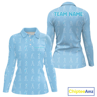 Personalized Stick Figure Golf Blue Women Polo Shirt, Custom Golf Girl Polo Shirt, Golf Tops NHT1550