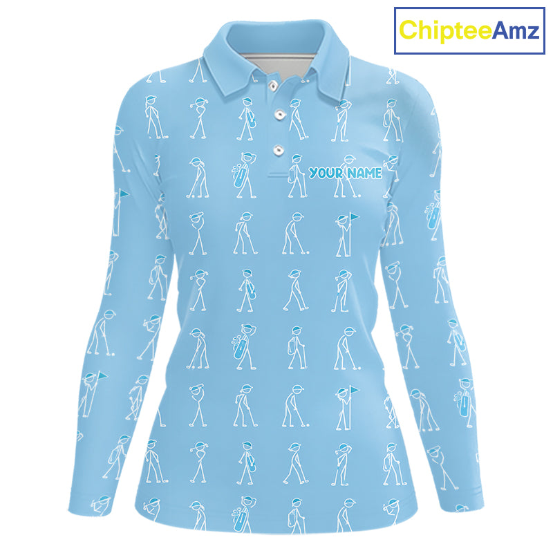 Personalized Stick Figure Golf Blue Women Polo Shirt, Custom Golf Girl Polo Shirt, Golf Tops NHT1550