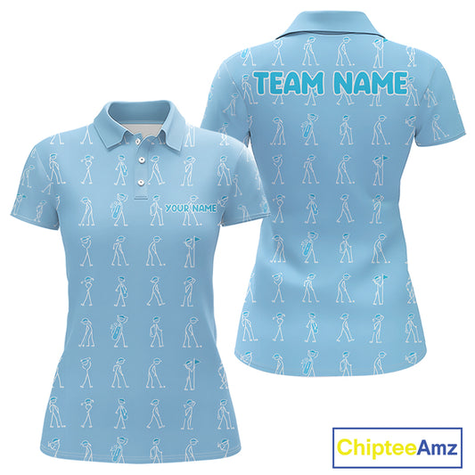 Personalized Stick Figure Golf Blue Women Polo Shirt, Custom Golf Girl Polo Shirt, Golf Tops NHT1550