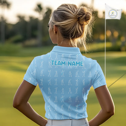Personalized Stick Figure Golf Blue Women Polo Shirt, Custom Golf Girl Polo Shirt, Golf Tops NHT1550