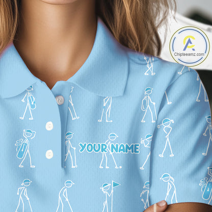 Personalized Stick Figure Golf Blue Women Polo Shirt, Custom Golf Girl Polo Shirt, Golf Tops NHT1550