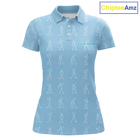 Personalized Stick Figure Golf Blue Women Polo Shirt, Custom Golf Girl Polo Shirt, Golf Tops NHT1550
