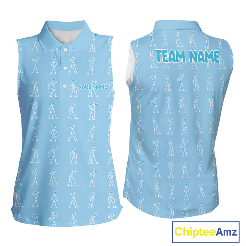 Personalized Stick Figure Golf Blue Women Polo Shirt, Custom Golf Girl Polo Shirt, Golf Tops NHT1550