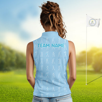 Personalized Stick Figure Golf Blue Women Polo Shirt, Custom Golf Girl Polo Shirt, Golf Tops NHT1550