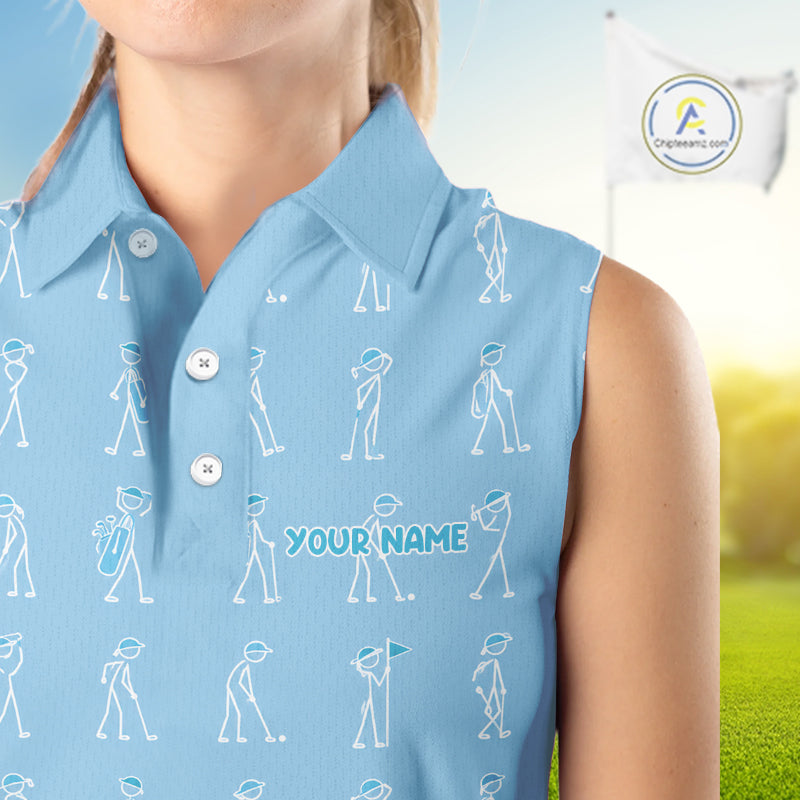 Personalized Stick Figure Golf Blue Women Polo Shirt, Custom Golf Girl Polo Shirt, Golf Tops NHT1550