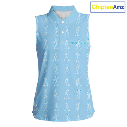 Personalized Stick Figure Golf Blue Women Polo Shirt, Custom Golf Girl Polo Shirt, Golf Tops NHT1550