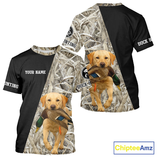 Yellow Lab Duck Hunting Shirt, Custom Name 3D Black Camo Winter Waterfowl Hunting Gear NHT233
