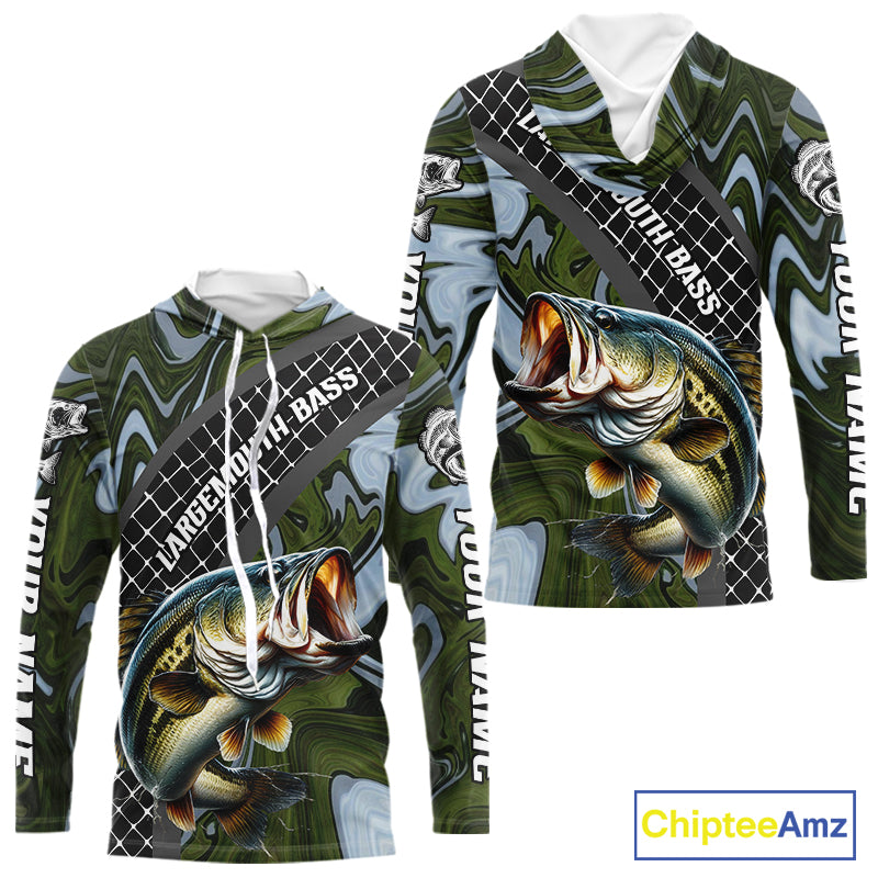 Largemouth Bass Hooded Fishing Shirt Long Sleeve Abstract Green Camo Performance Jersey For Men NHT922