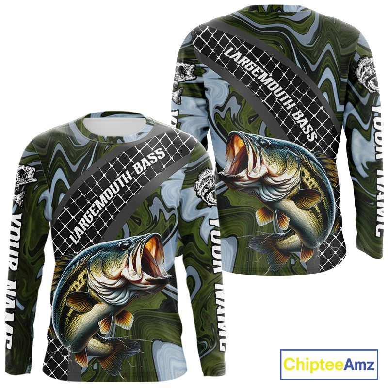Largemouth Bass Fishing Shirts Long Sleeve Abstract Green Camo Performance Jersey For Men NHT922