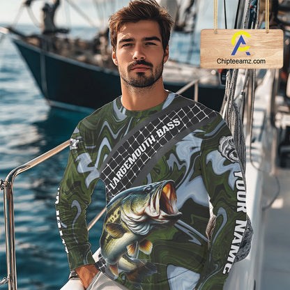 Largemouth Bass Fishing Shirts Long Sleeve Abstract Green Camo Performance Jersey For Men NHT922