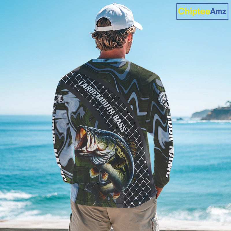 Largemouth Bass Fishing Shirts Long Sleeve Abstract Green Camo Performance Jersey For Men NHT922