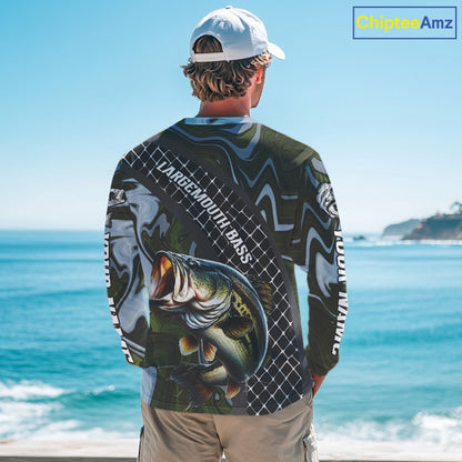 Largemouth Bass Fishing Shirts Long Sleeve Abstract Green Camo Performance Jersey For Men NHT922