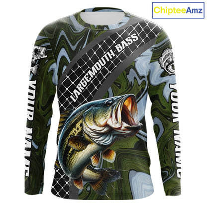 Largemouth Bass Fishing Shirts Long Sleeve Abstract Green Camo Performance Jersey For Men NHT922