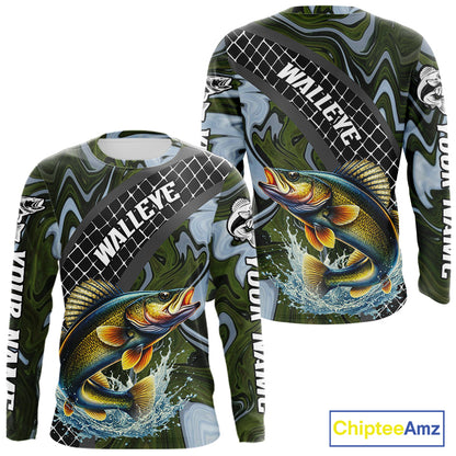Walleye Fishing Shirts Long Sleeve Abstract Green Camo Performance Jersey For Men NHT923