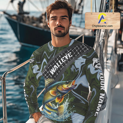 Walleye Fishing Shirts Long Sleeve Abstract Green Camo Performance Jersey For Men NHT923