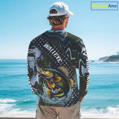 Walleye Fishing Shirts Long Sleeve Abstract Green Camo Performance Jersey For Men NHT923