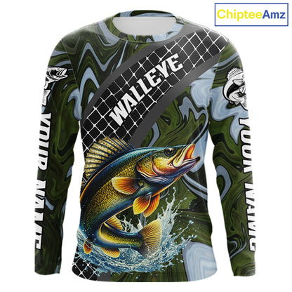 Walleye Fishing Shirts Long Sleeve Abstract Green Camo Performance Jersey For Men NHT923