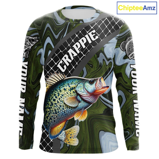 Crappie Fishing Shirts Long Sleeve Abstract Green Camo Performance Jersey For Men NHT924