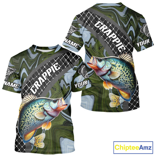 Crappie Short Sleeve Fishing T-Shirt Abstract Green Camo Performance Jersey For Men NHT924