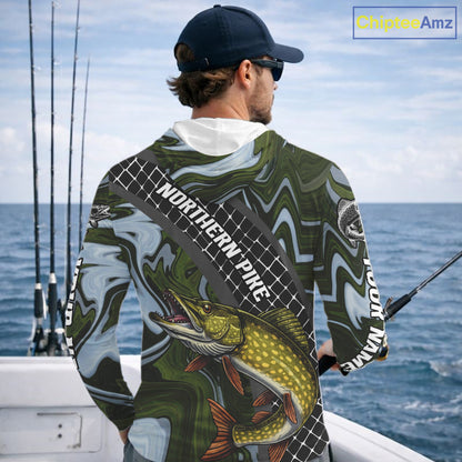Northern Pike Hooded Fishing Shirt Long Sleeve Abstract Green Camo Performance Jersey For Men NHT925