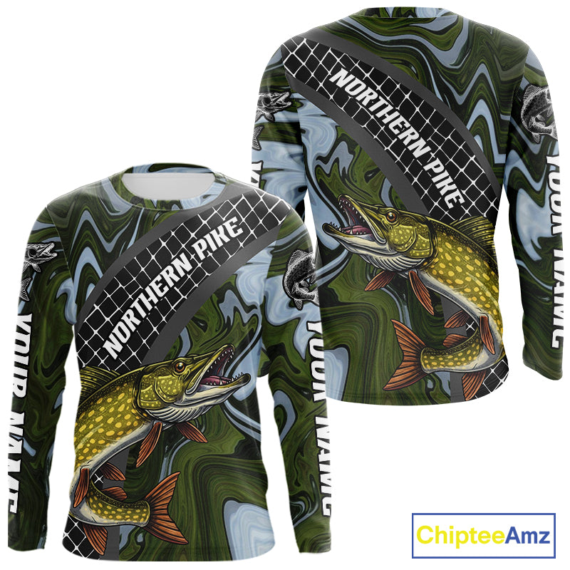 Northern Pike Fishing Shirts Long Sleeve Abstract Green Camo Performance Jersey For Men NHT925