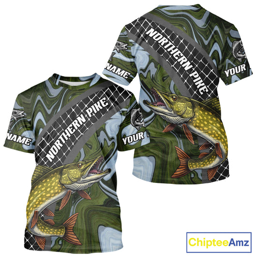 Northern Pike Short Sleeve Fishing T-Shirt Abstract Green Camo Performance Jersey For Men NHT925