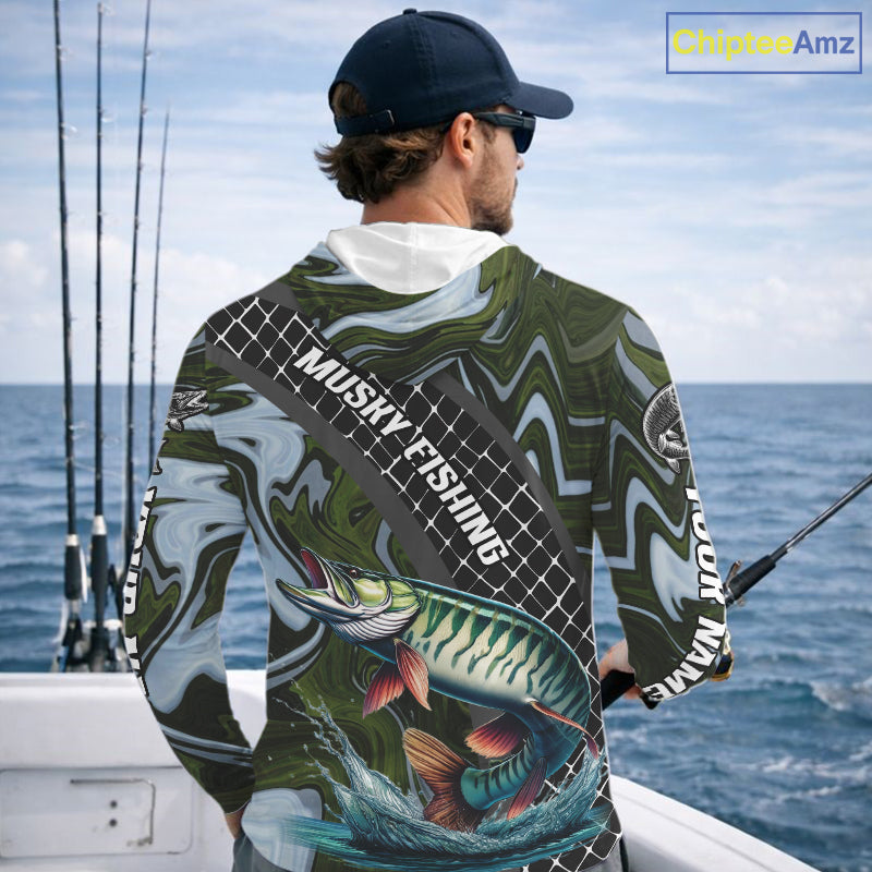 Northern Musky Hooded Fishing Shirt Long Sleeve Abstract Green Camo Performance Jersey For Men NHT926
