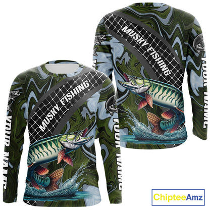 Northern Musky Fishing Shirts Long Sleeve Abstract Green Camo Performance Jersey For Men NHT926