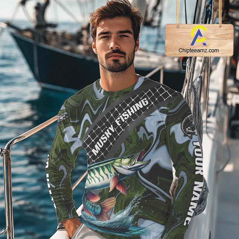 Northern Musky Fishing Shirts Long Sleeve Abstract Green Camo Performance Jersey For Men NHT926