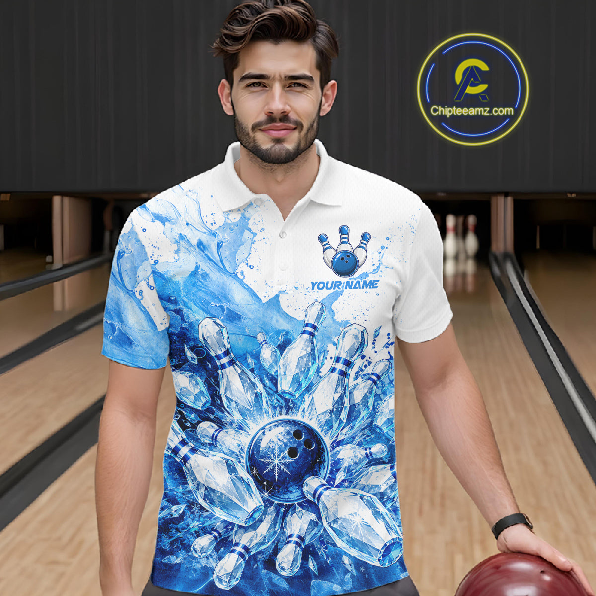 Ice Bowling Polo Shirt Personalized Mens Bowling Shirt Custom Name Team Bowling Outfit|Blue NHT1391