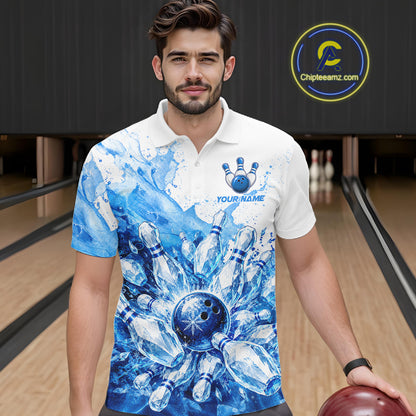 Ice Bowling Polo Shirt Personalized Mens Bowling Shirt Custom Name Team Bowling Outfit|Blue NHT1391