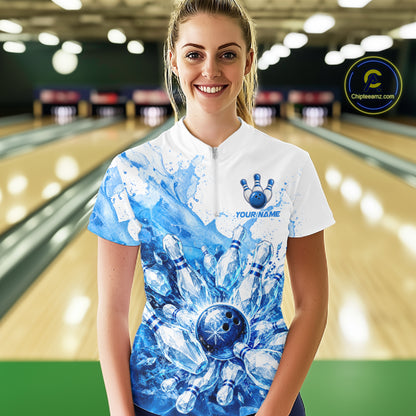 Ice Bowling Polo Shirt Personalized Womens Bowling Shirt Custom Name Team Bowling Outfit|Blue NHT1391