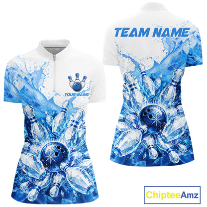 Ice Bowling Polo Shirt Personalized Womens Bowling Shirt Custom Name Team Bowling Outfit|Blue NHT1391