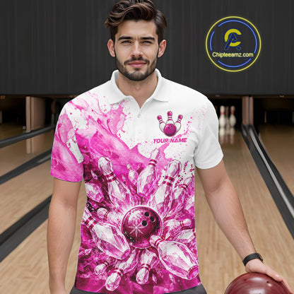 Ice Bowling Polo Shirt Personalized Mens Bowling Shirt Custom Name Team Bowling Outfit|Pink NHT1392