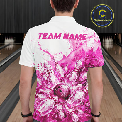 Ice Bowling Polo Shirt Personalized Mens Bowling Shirt Custom Name Team Bowling Outfit|Pink NHT1392