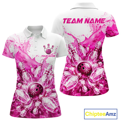 Ice Bowling Polo Shirt Personalized Womens Bowling Shirt Custom Name Team Bowling Outfit|Pink NHT1392
