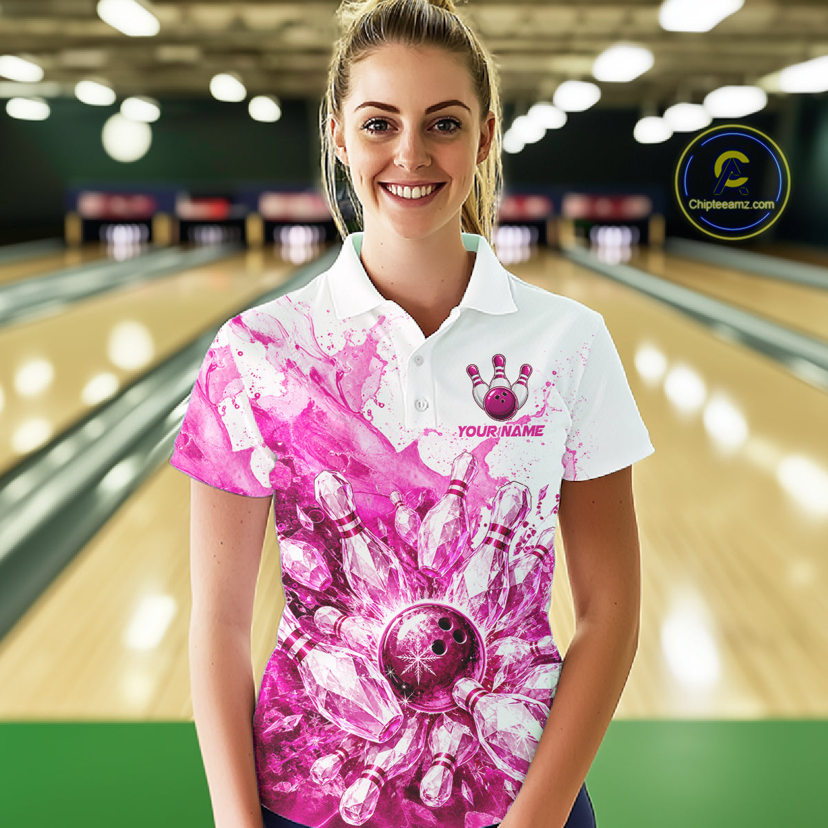 Ice Bowling Polo Shirt Personalized Womens Bowling Shirt Custom Name Team Bowling Outfit|Pink NHT1392