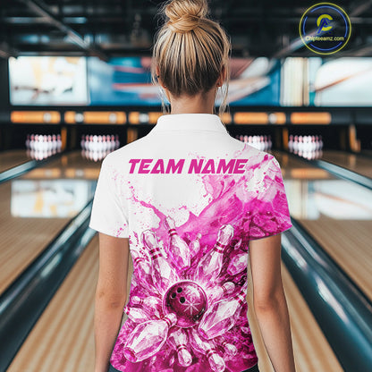 Ice Bowling Polo Shirt Personalized Womens Bowling Shirt Custom Name Team Bowling Outfit|Pink NHT1392